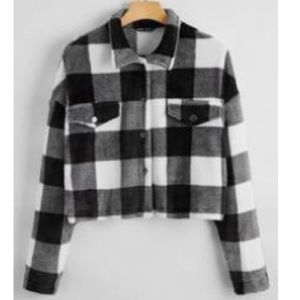 Plaid fuzzy shoulder overcoat